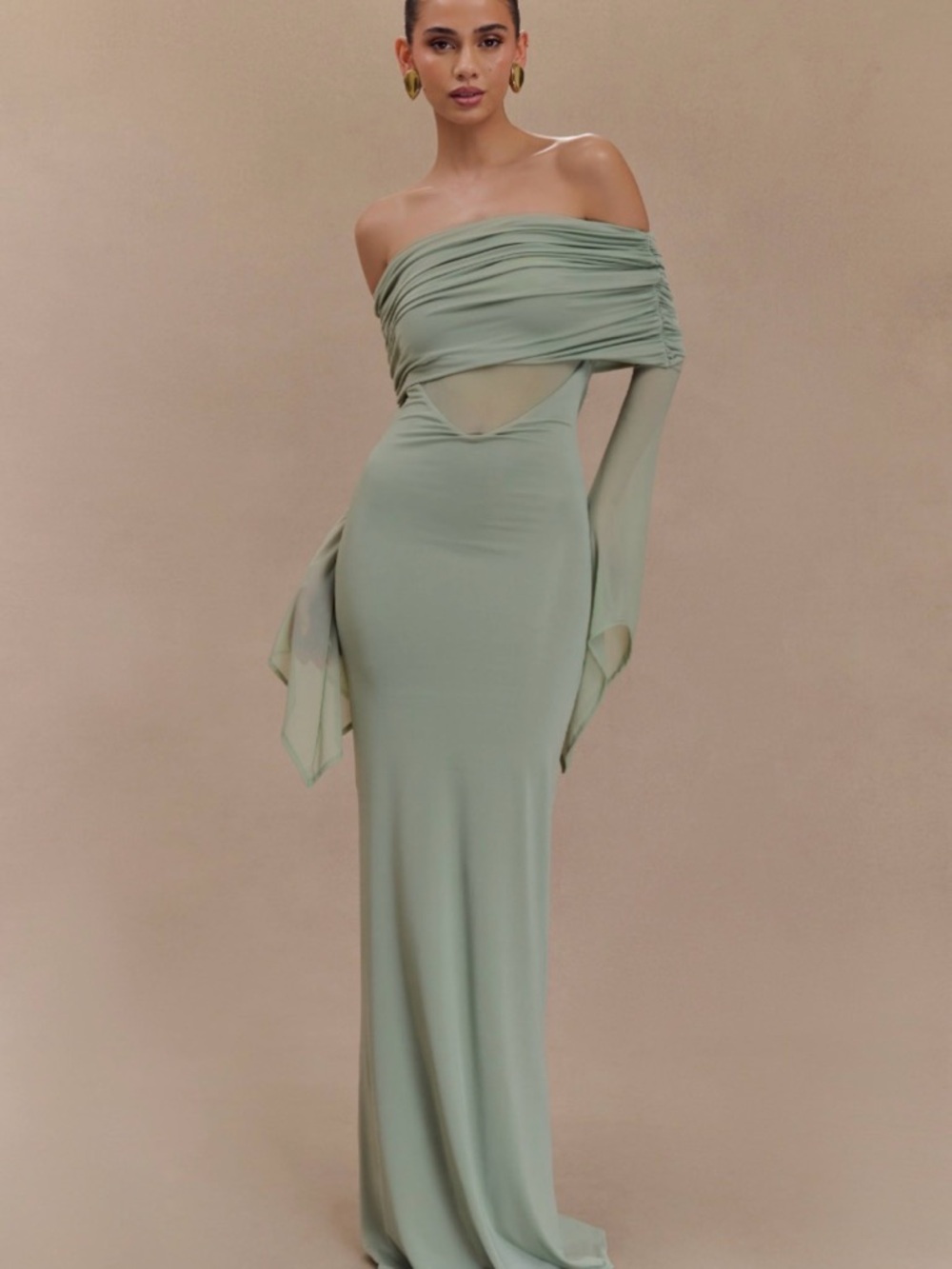 Meshki Sage Green Off-Shoulder Maxi Dress